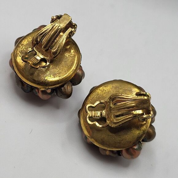 Vintage 50s Bronze Cluster AB Crystal Clip On Earrings Signed Japan 1in - Picture 2 of 2